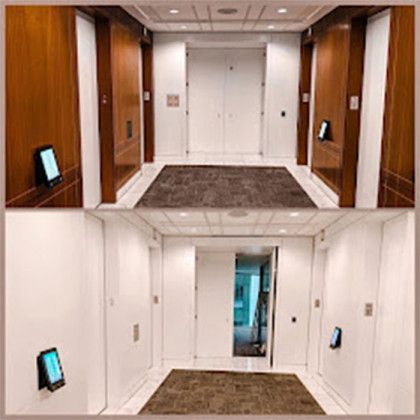 A collage of two pictures of a hallway in a building.