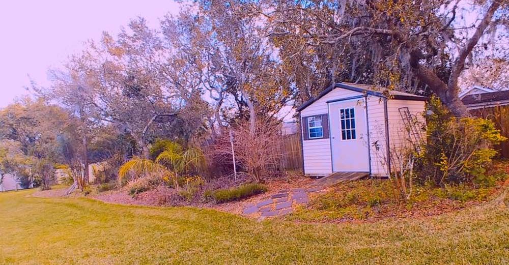 A white shed is sitting in the middle of a grassy field surrounded by trees.