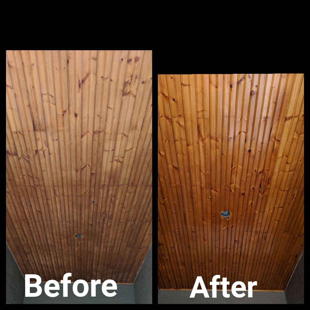 A before and after photo of a wooden ceiling