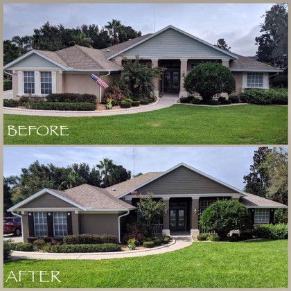 A before and after picture of a house that has been painted.
