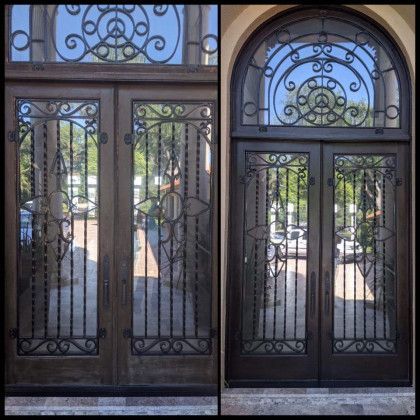 A before and after picture of a wrought iron door.