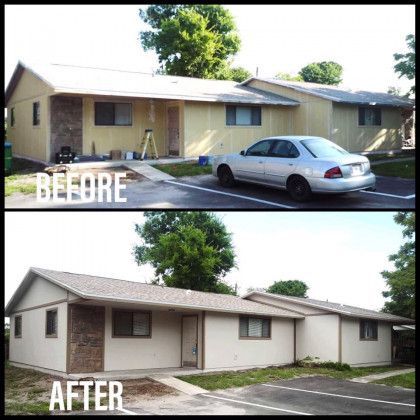 A before and after photo of a house with a car parked in front of it