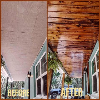 A before and after photo of a porch with a wooden ceiling