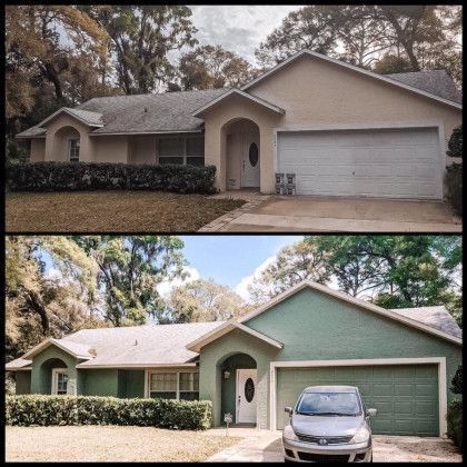 A before and after picture of a house with a car parked in front of it.
