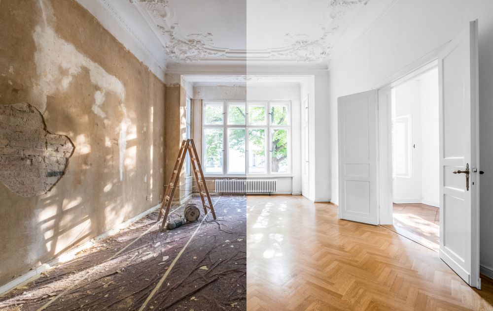 A before and after photo of a room being remodeled.