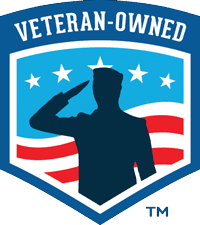 A veteran owned logo with a silhouette of a soldier saluting