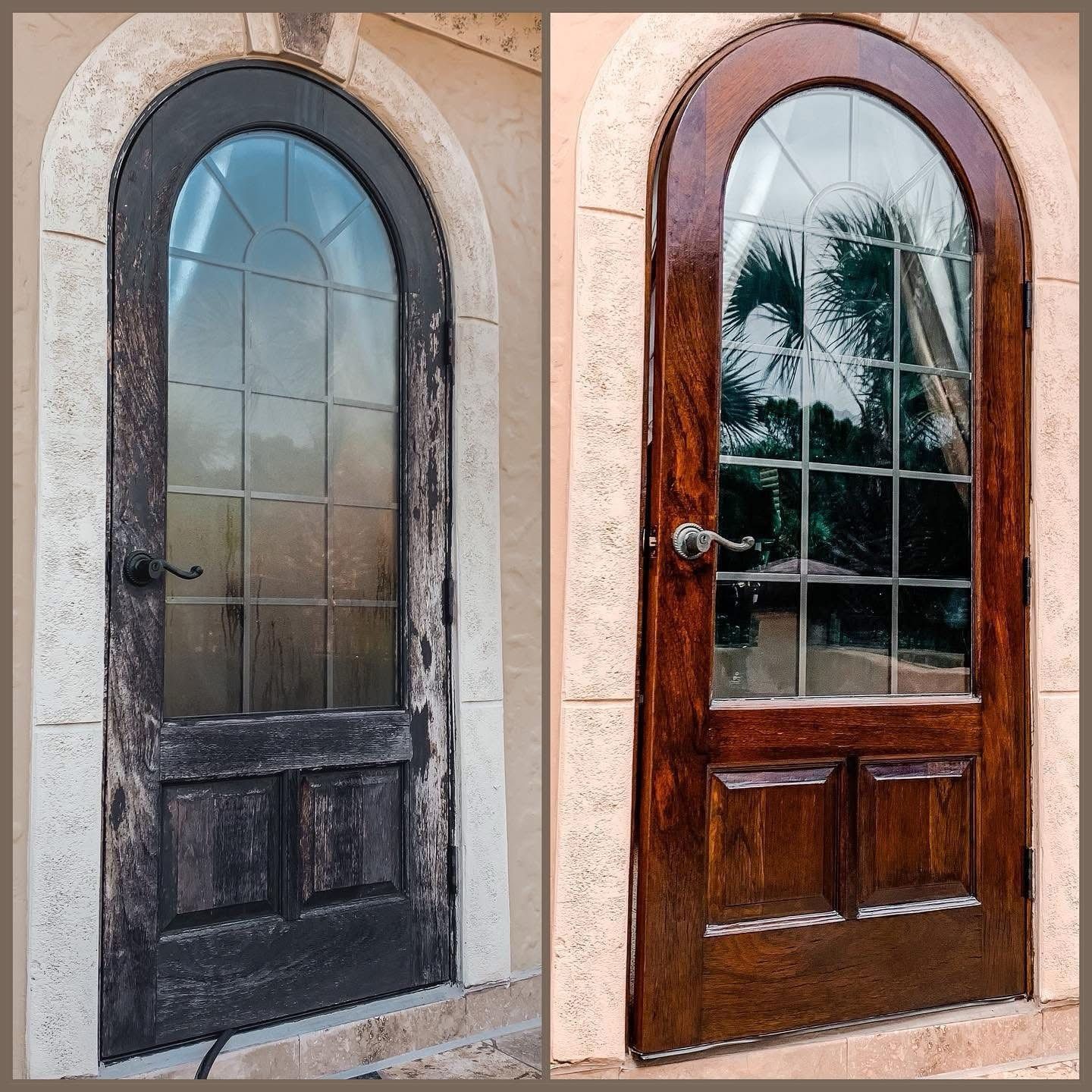 A before and after photo of a wooden door