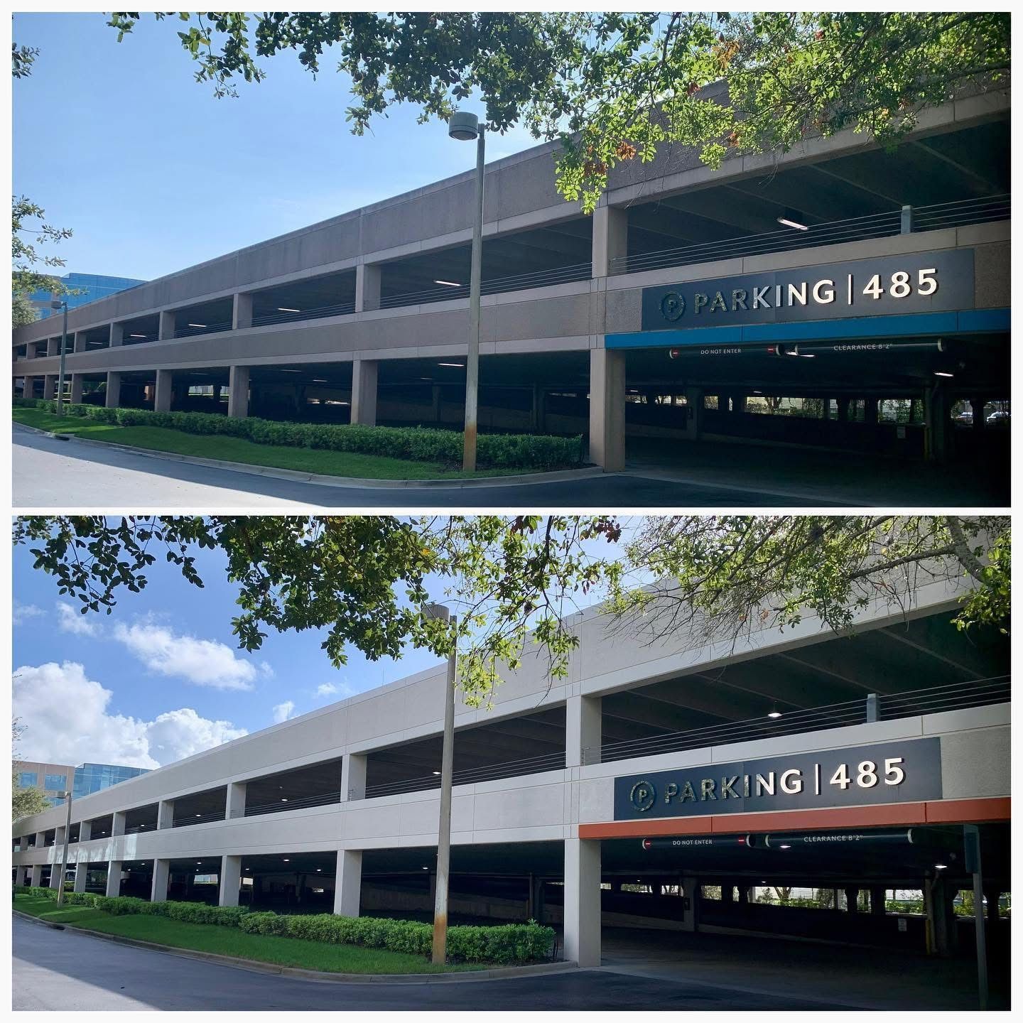 A before and after photo of a parking garage.