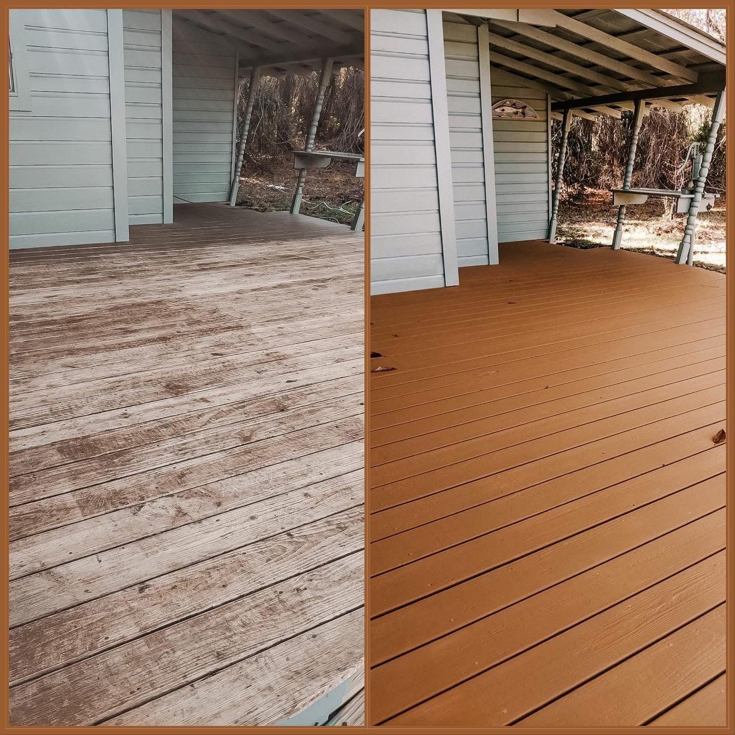 A before and after photo of a wooden deck