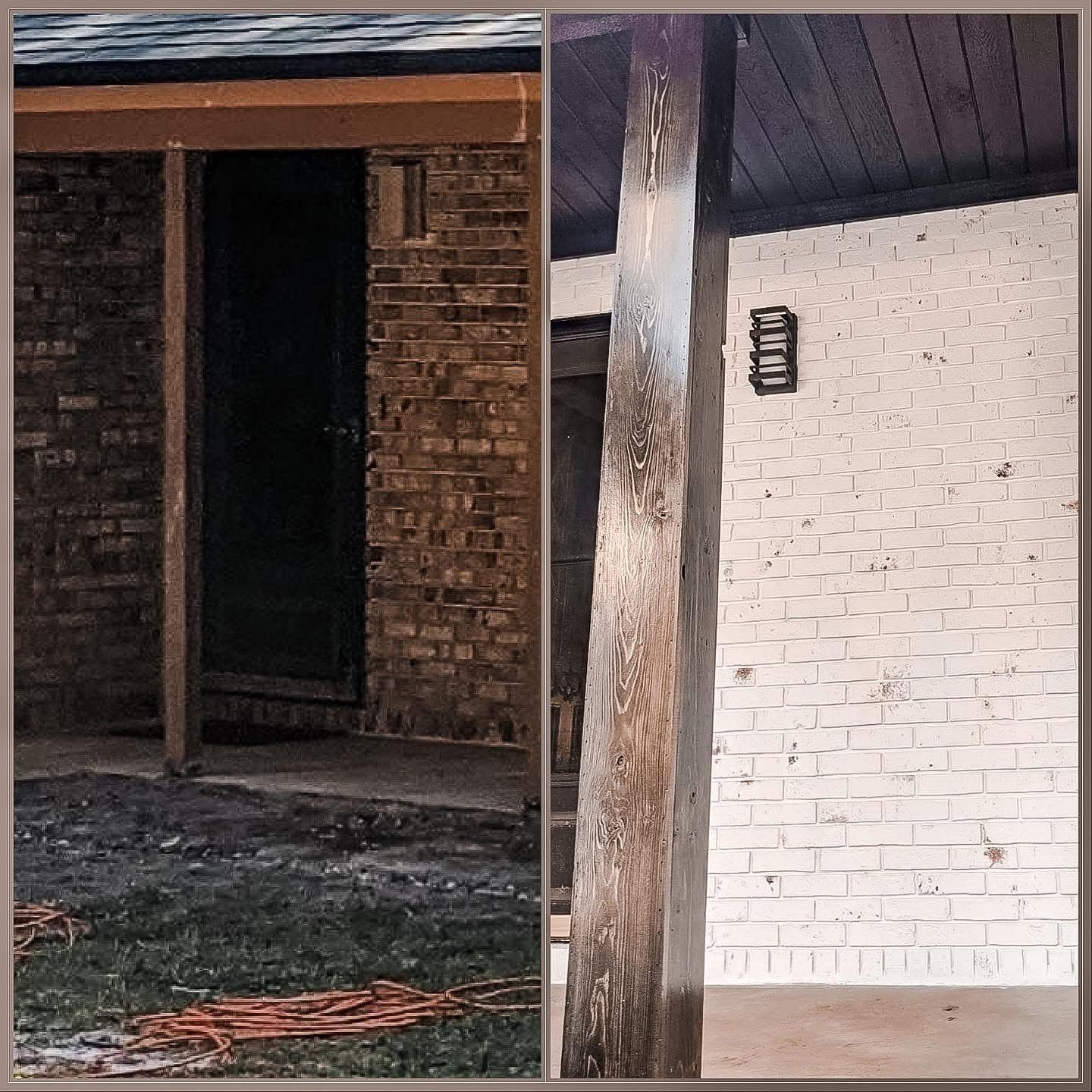 A before and after photo of a brick house