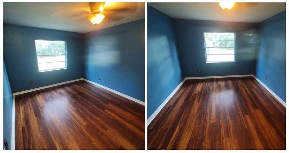 Two pictures of a bedroom with blue walls and hardwood floors.