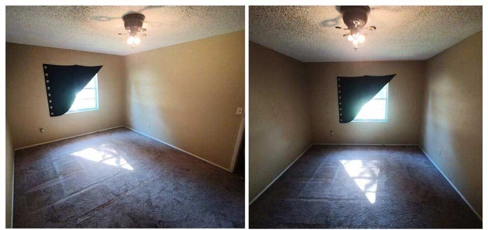 Two pictures of a bedroom with a window and a ceiling fan.