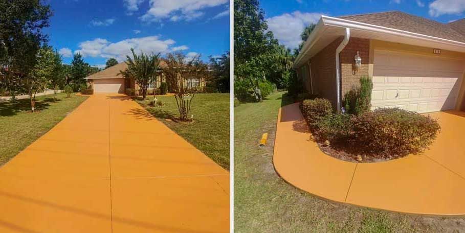 A before and after picture of a driveway and a house.