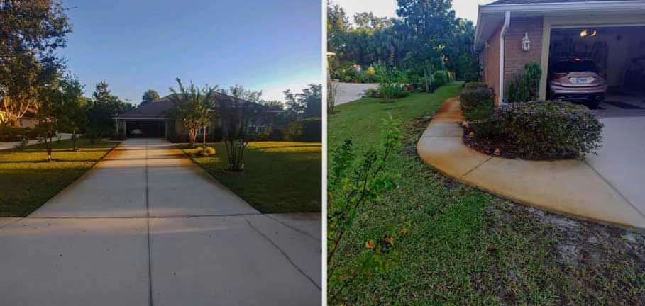 A before and after picture of a driveway in front of a house.