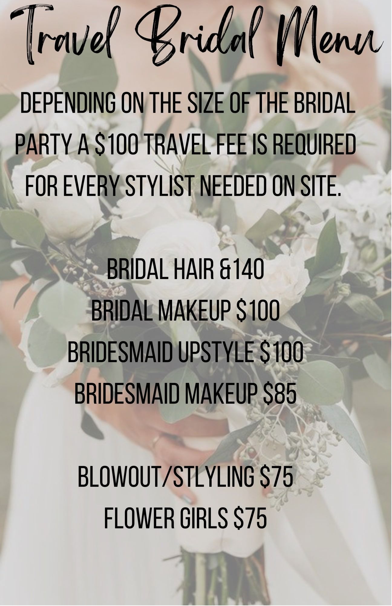 A travel bridal menu with a picture of a woman holding a bouquet of flowers