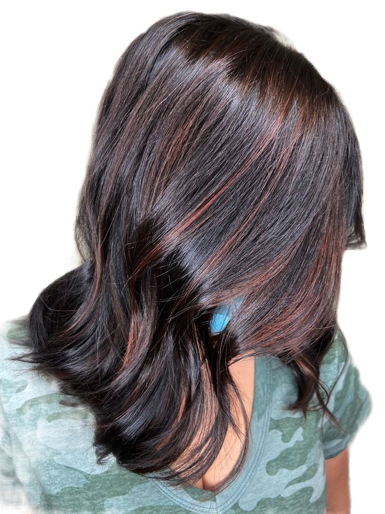 The back of a woman 's head with dark hair and highlights.