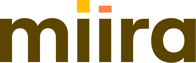 Miira-logo med brun tekst og gul/orange firkanter over 