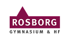Logo for Rosborg Gymnasium & HF: rødbrun tekst og form på hvid baggrund.
