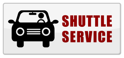 Black car icon with red “SHUTTLE SERVICE” text on a white sign