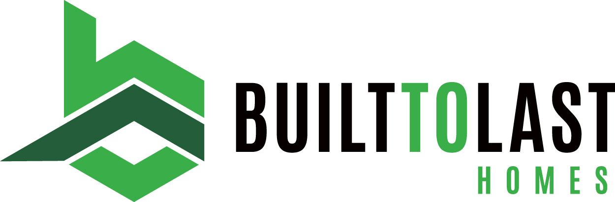 The logo for built to last homes shows a green arrow and the words `` built to last homes ''.