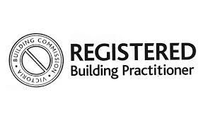 A black and white logo for a registered building practitioner.