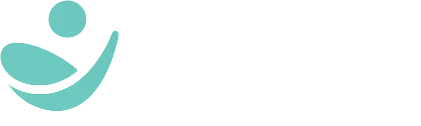 Teal abstract logo with a person-like shape.