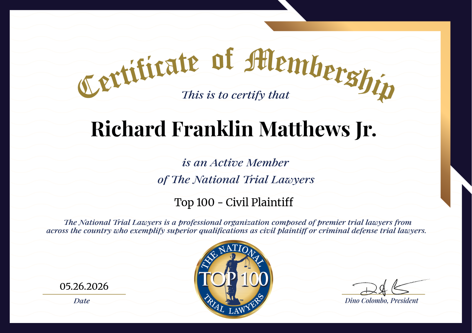 Certificate of Membership for Richard Franklin Matthews Jr. in white and gold with blue seal