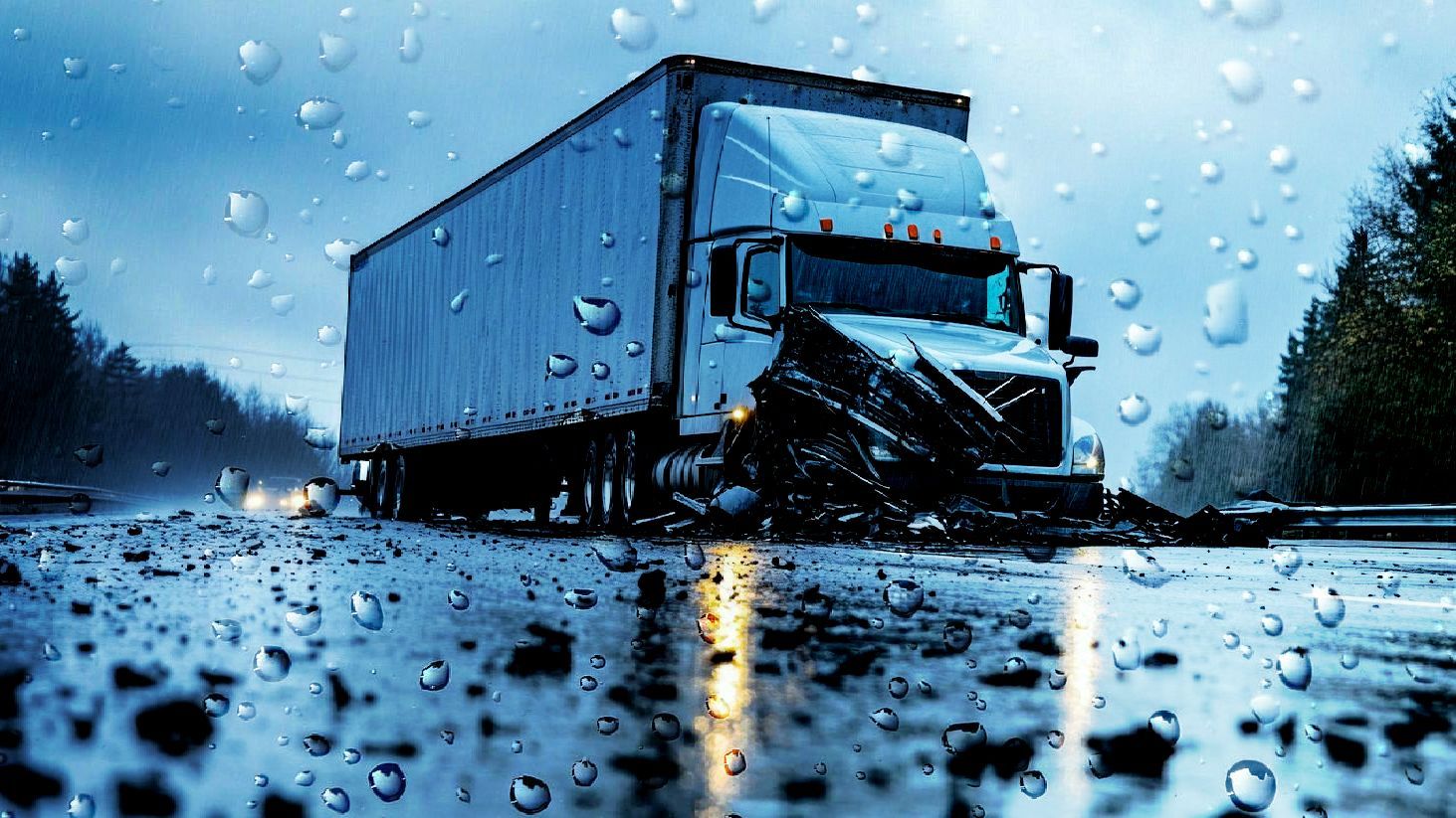 A semi truck is driving down a wet highway in the rain.