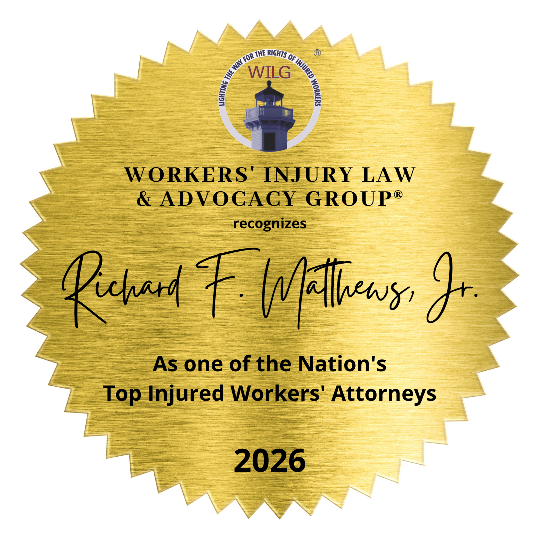 Gold award seal honoring Matt Matthews Jr. as a top injured workers’ attorney in 2026.