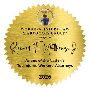 Gold award seal honoring Matt Matthews Jr. as a top injured workers’ attorney in 2026.