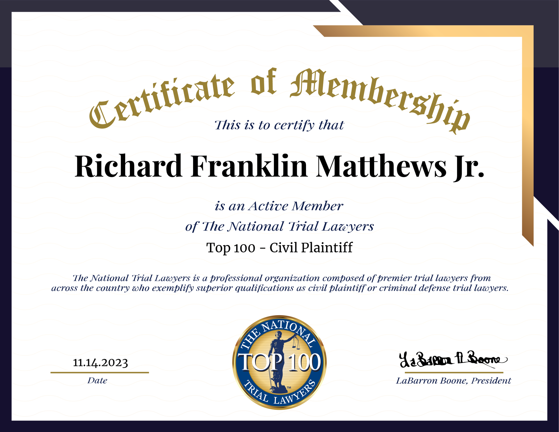 a certificate of membership for richard franklin matthews jr
