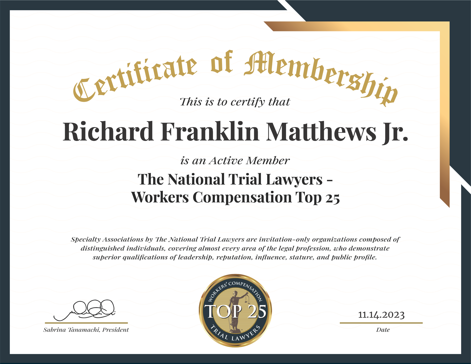 a certificate of membership for richard franklin matthews jr.