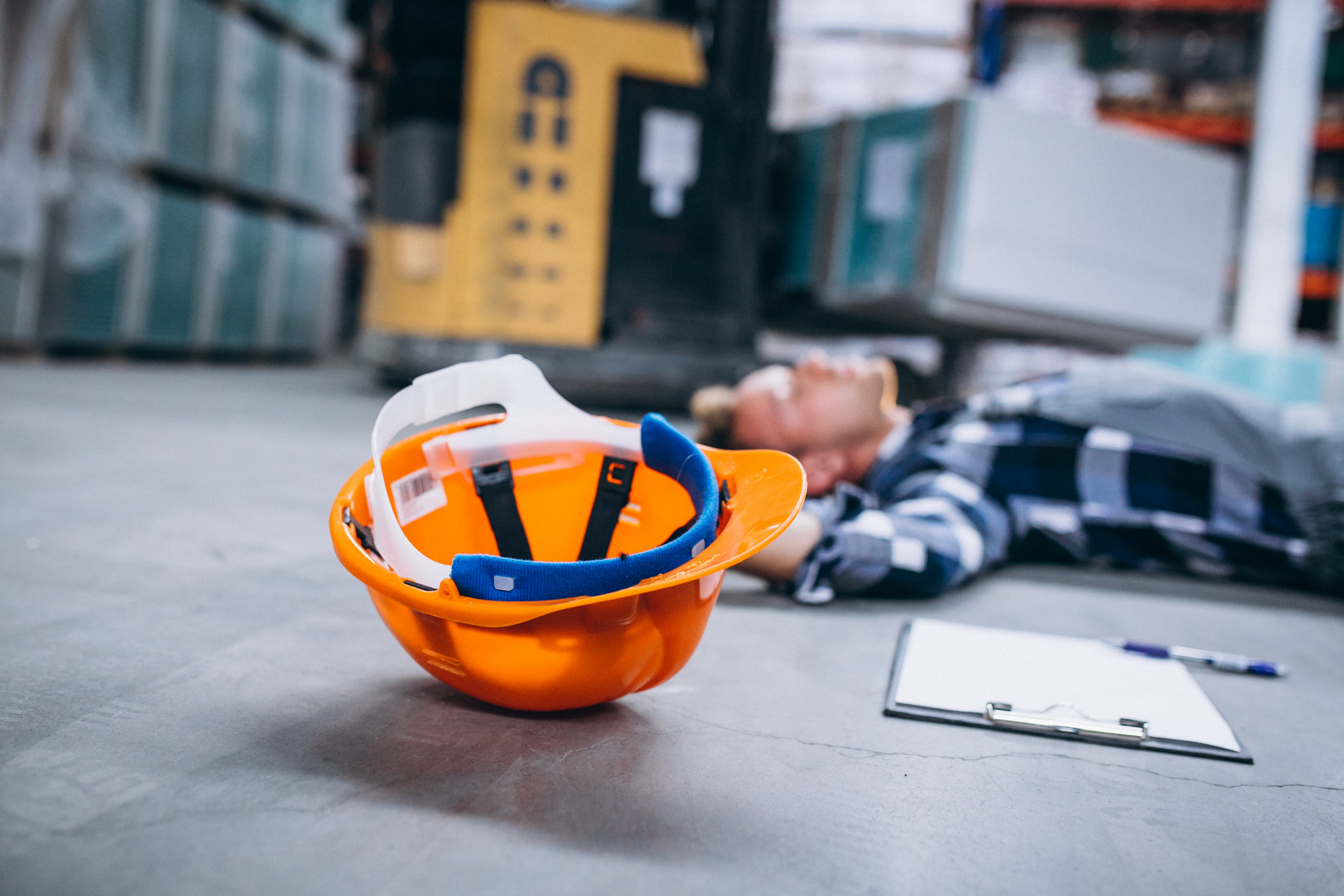 “Construction worker injured on a warehouse floor with safety helmet in the foreground after a workp