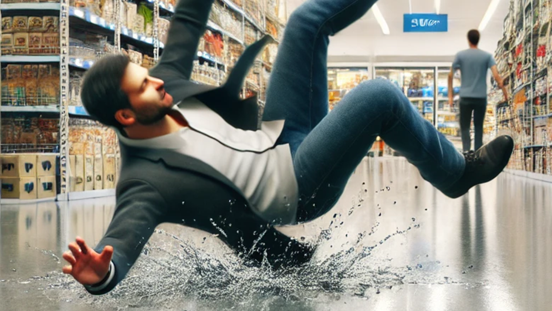 A collage of pictures of people falling on wet floors.