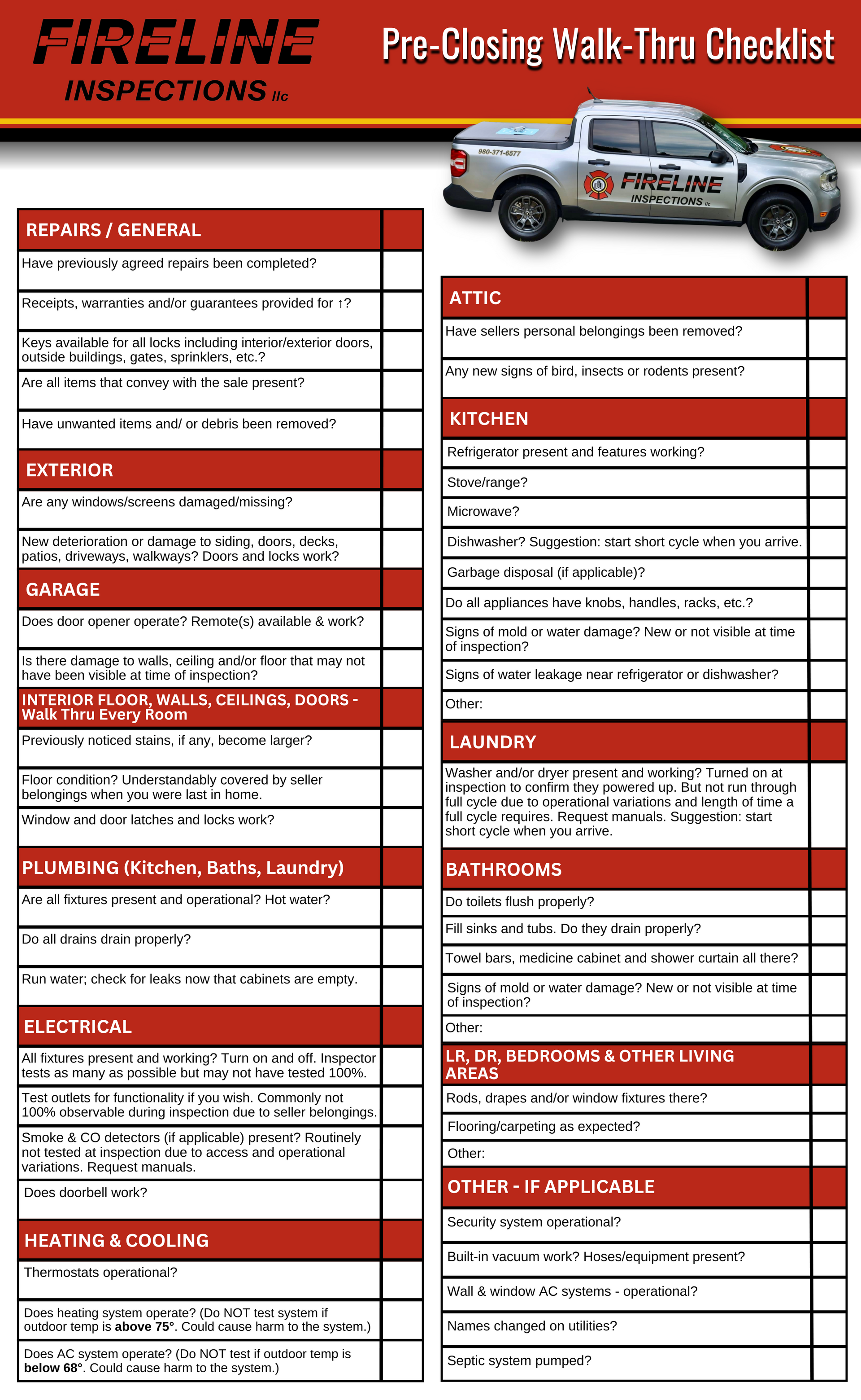 Fireline Inspections pre-closing checklist for realtors in Charlotte, NC