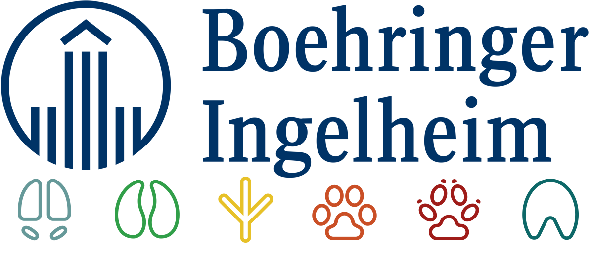 a logo for boehringer ingelheim with paw prints and arrows