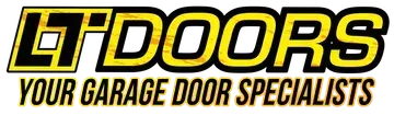 Logo for LT Doors: "LT" in a yellow rectangle with black outline, "DOORS" in yellow with black outline,
