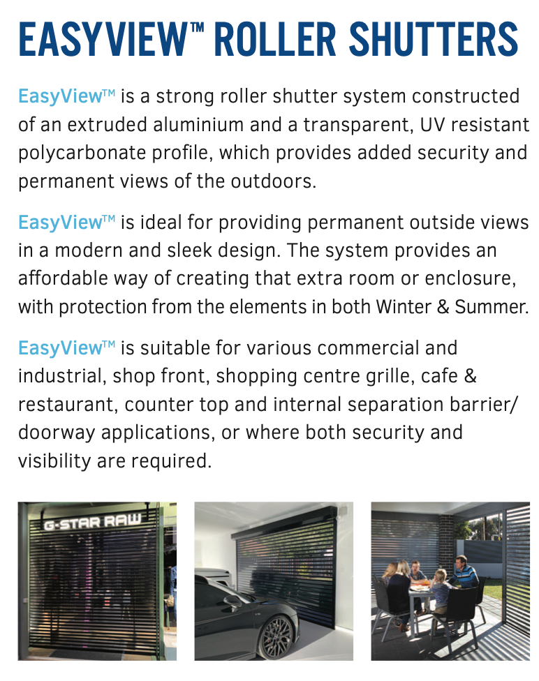 EasyView roller shutters described with text and three photos of installations.