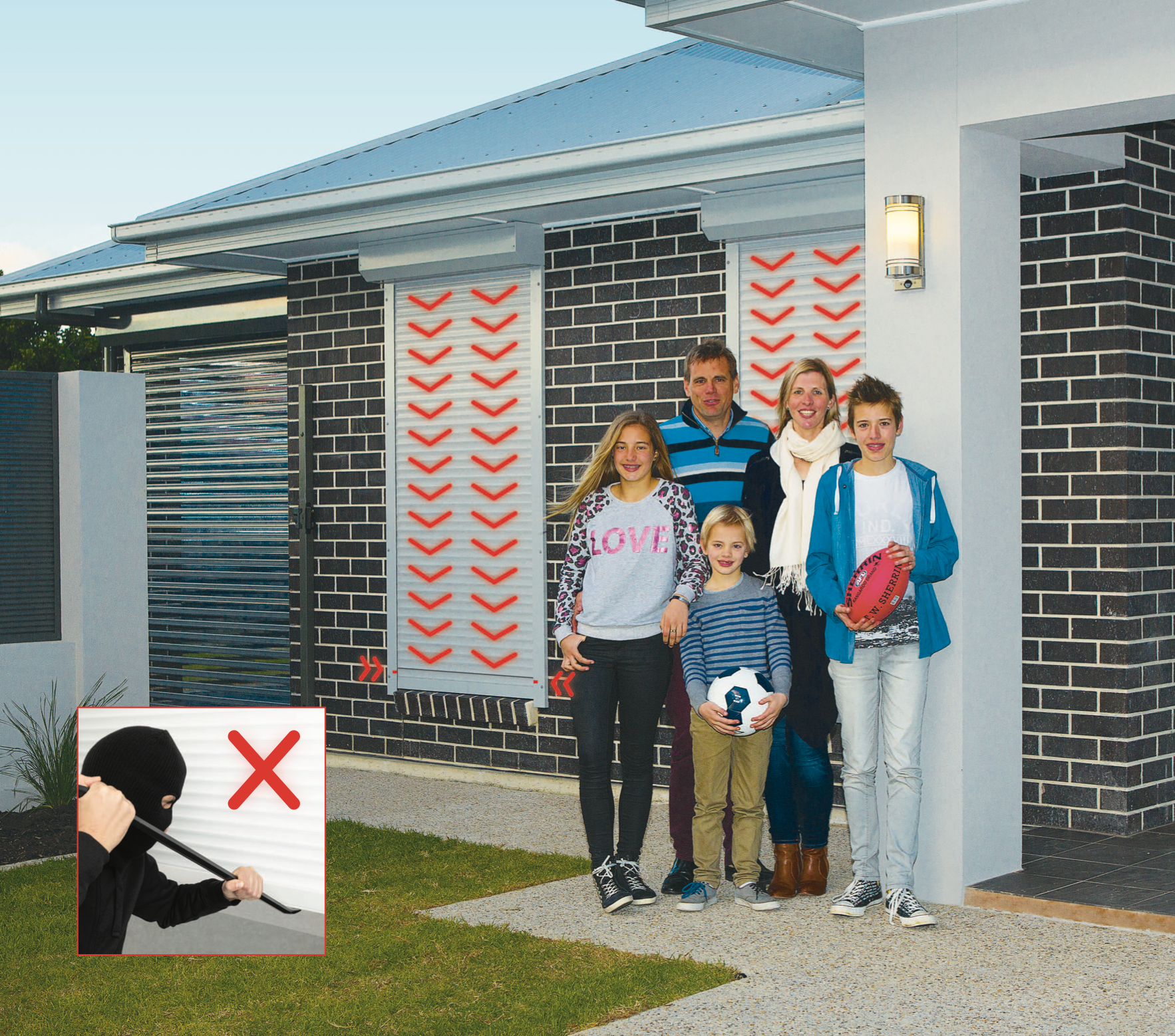 White roll-up door under a light-colored awning on a building, 