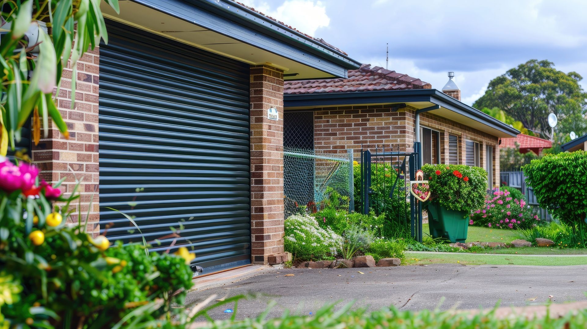 Brick house with closed garage door, garden, and green lawn under a cloudy sky.