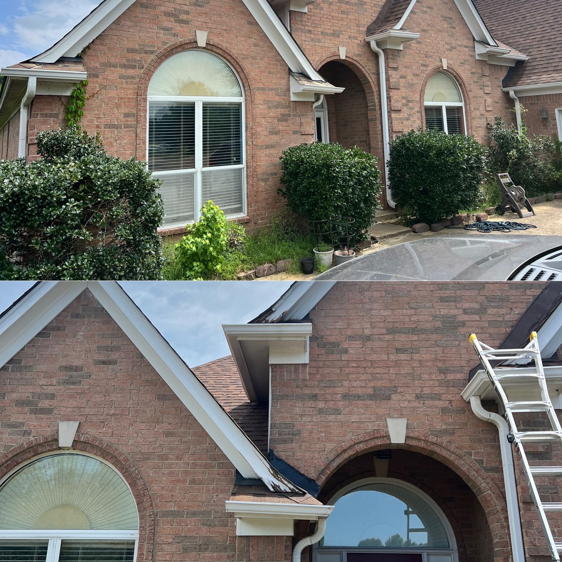 Before and after exterior trim replacement on a brick home. Expert trim replacement contractors and exterior trim contractor services.