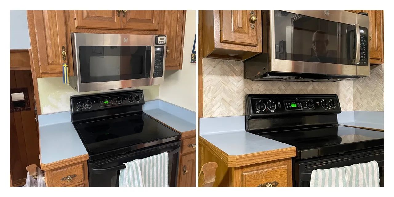 Before and after kitchen backsplash installation. Expert home remodeling services and drywall finishing services for a modern update.