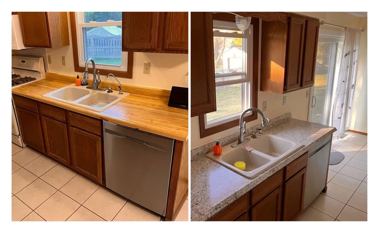 A before and after photo of a kitchen with granite counter tops.