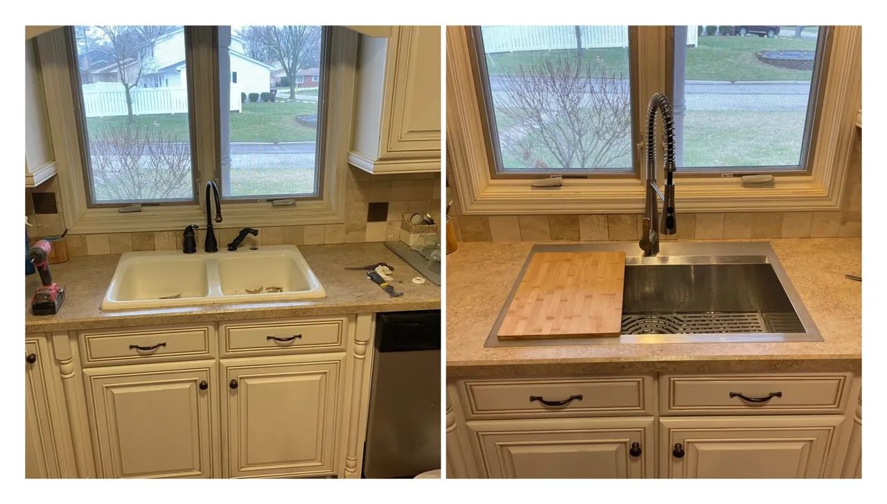 Before and after kitchen sink replacement. Professional home remodeling services and plumbing repair services for a sleek upgrade.