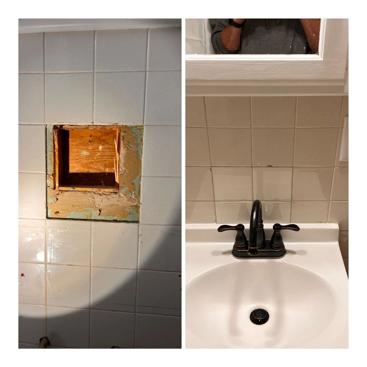 Before and after bathroom tile wall repair. Reliable drywall repair handyman and bathroom caulking service for a seamless finish.