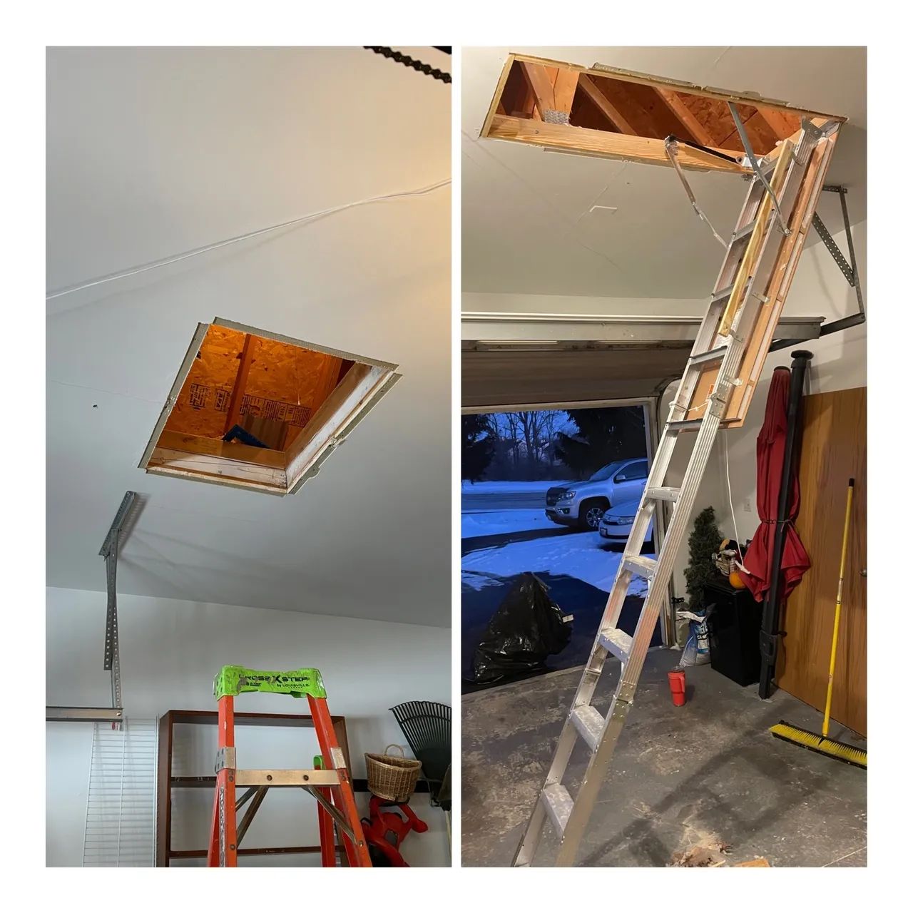 A picture of a ladder in a garage and a picture of a ladder in a garage.