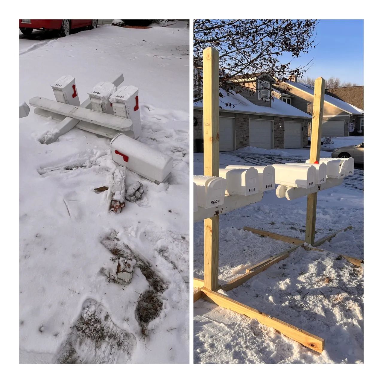Before and after mailbox installation in the snow. Expert mailbox installation service near you and handyman mailbox installation.