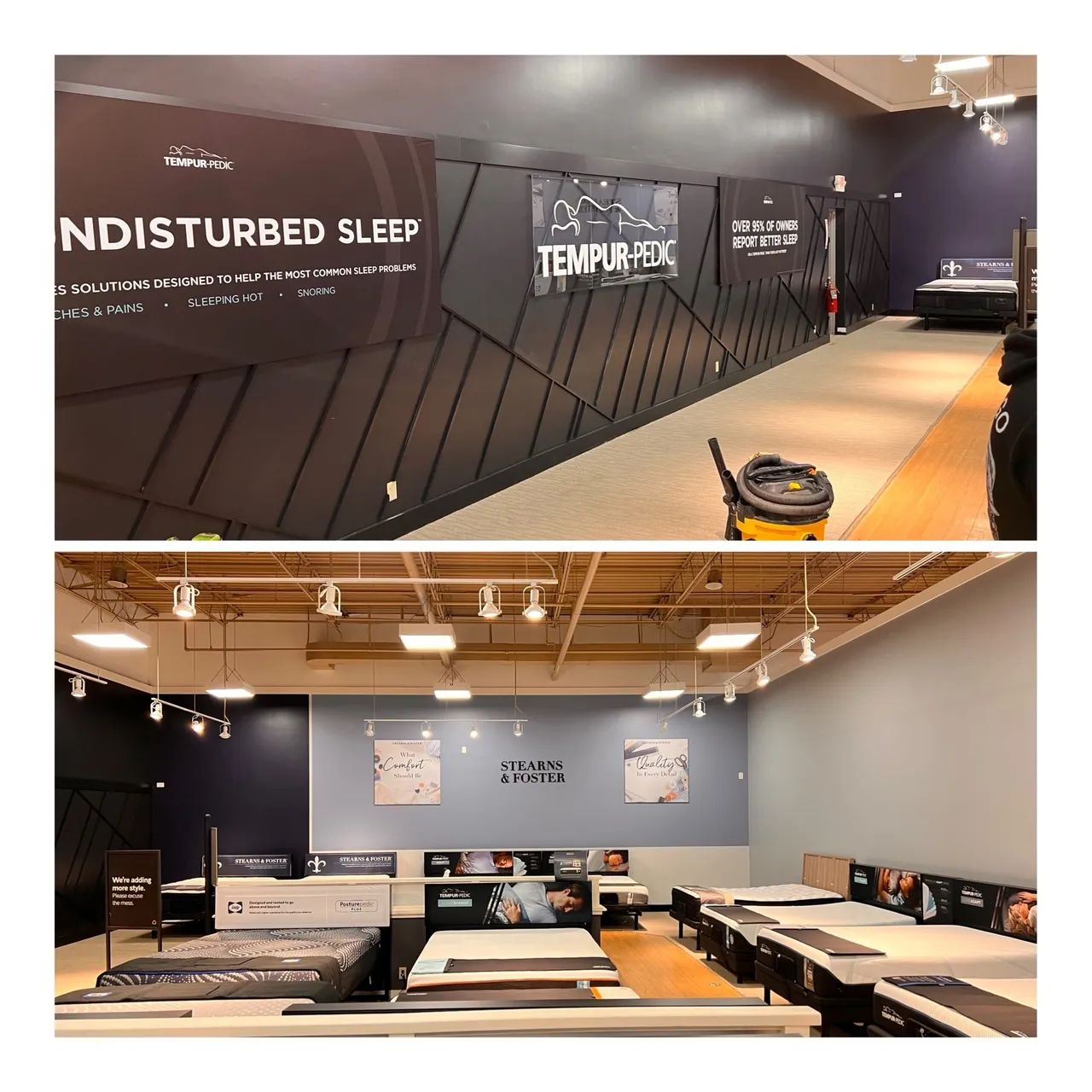 A mattress store with a sign on the wall that says `` disturbed sleep ''.