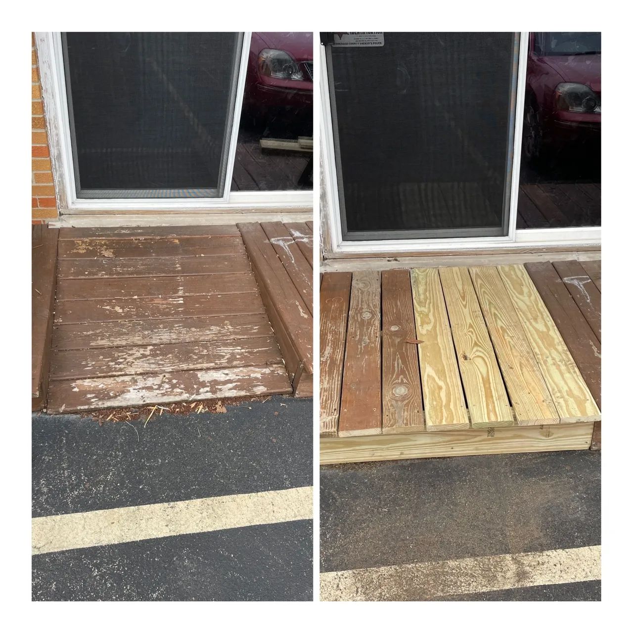 Before and after wooden porch repair with new boards. Reliable handyman fence services and exterior trim contractor work.