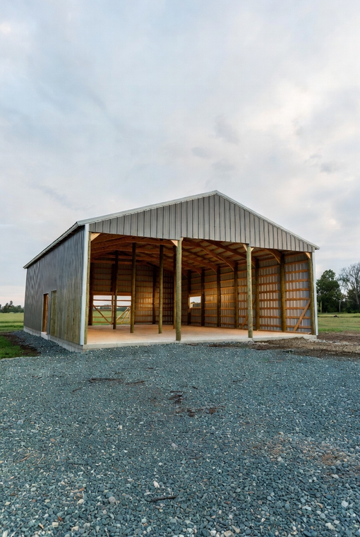 Partially constructed barn, gray siding, wooden beams, gravel foreground, overcast sky.